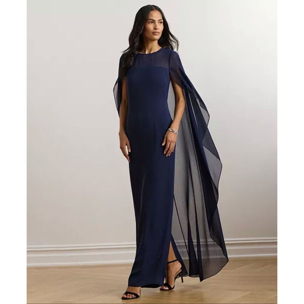 Lauren Ralph Lauren Sheer Cape Georgette Gala Ball Gown Navy 16